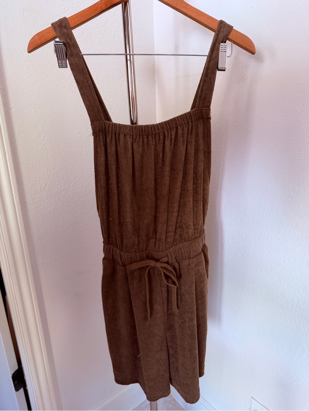 easel Brown Terry Cloth Romper with Tie Waist